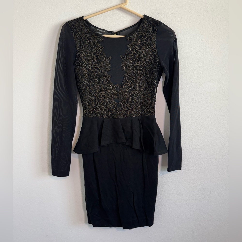 Bebe Women’s Black & Gold Peplum Dress Size‎ XS
